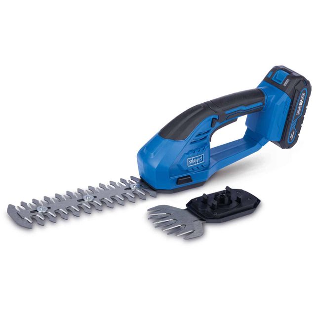 Scheppach cordless hedge trimmer with two interchangeable blades. The trimmer is blue and black.